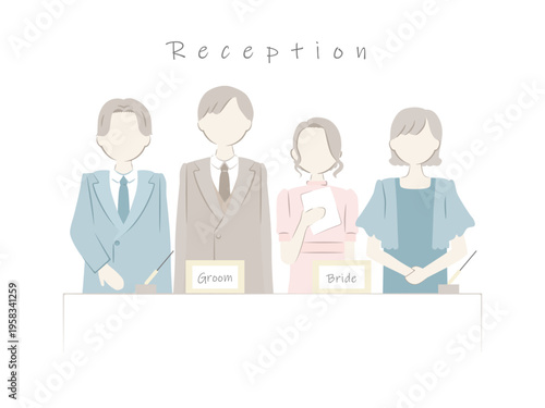 結婚式の受付をする男女4人の人物イラスト（手描き風・淡い色・ウェディング）