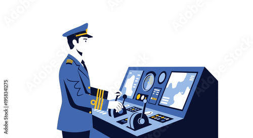 Naval Officer Operating Ship Control Panel with Maps and Instruments.