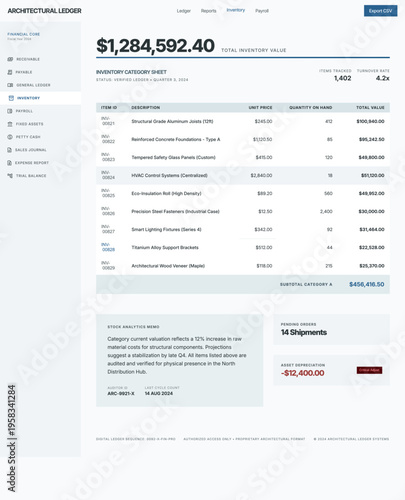 The visual mood is clinical, professional, and meticulously organized. It features a clean, high-contrast UI design dominated by a white and light-grey palette with strategic accents of blue and red f