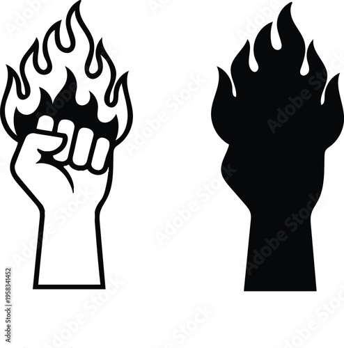 Fist with flames black and white icon set