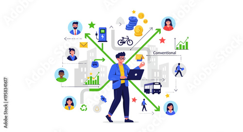 Man with Laptop Connecting Various Services and People.