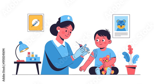 Nurse giving vaccination to a young boy holding a toy.