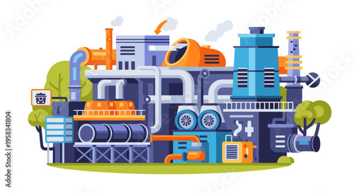 Modern Industrial Factory Complex with Pipes and Machinery.