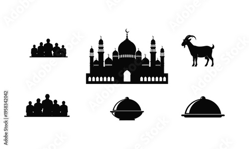 Eid al adha festival vector illustration with mosque silhouette and goat sacrifice symbols