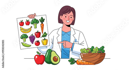 Nutritionist Woman Showing Healthy Food Choices Illustration.