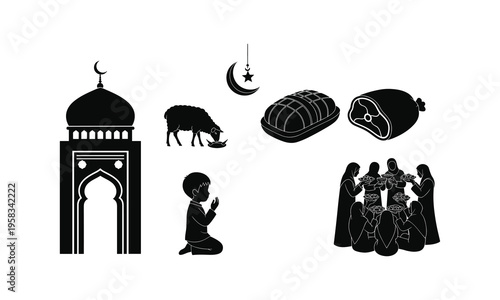 Eid al Adha vector silhouette of mosque, boy praying, sheep and cooked meat dishes