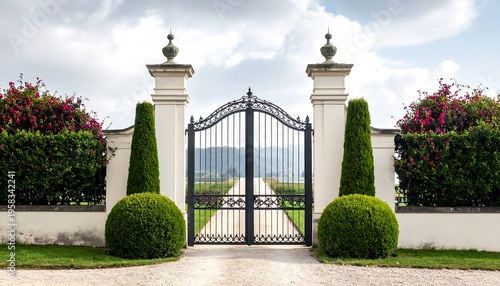 Elegant Estate Entrance with Grand Wrought Iron Gates and Topiary Gardens.