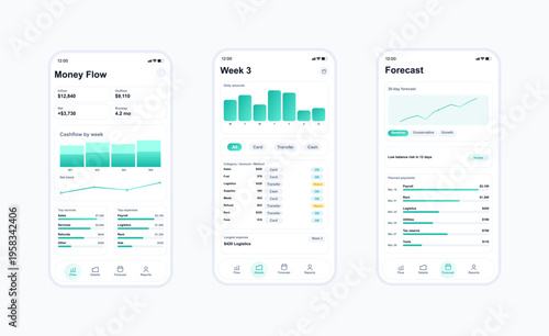 Mobile Cash Flow Forecast App UI Screens in Clean Light Style. Three clean mobile finance app screens showing money flow, weekly cash tracking, expense categories. Vector UI, UX - cash management App