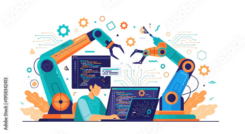 Man Working With Robotic Arms and Computers.