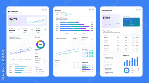 Light Analytics Dashboard UI Set with KPI Reports and Alerts. Three clean desktop dashboard screens featuring KPI cards, analytics charts, reports, payment history, ROI widgets for SaaS. Vector UI set