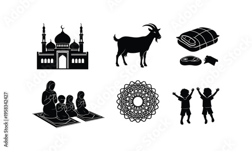 Islamic eid al adha festival vector illustration with mosque silhouette and goat icon set