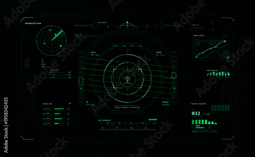Sci-fi Head-Up Display with futuristic User Interface. Virtual reality HUD, VR, UI - view from the helmet of a pilot of a futuristic combat vehicle with HUD, UI, GUI. Military cockpit view. Vector