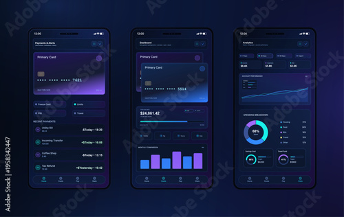 Mobile Banking, App Screens with UI, UX, Kit. Online wallet, banking with analytics dashboard and mobile fintech interface set featuring payment cards, transfers, spending charts. Vector UI app set