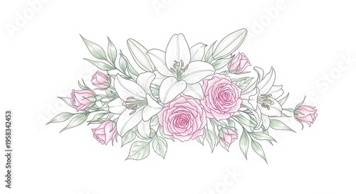 Elegant Floral Arrangement - Delicate Roses and Lilies in a Graceful Composition.