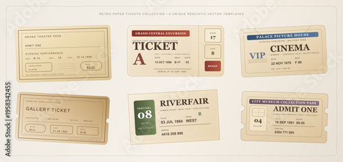 Vintage Ticket Collection Illustration with Cinema and Festival Passes. Set of retro admission tickets and passes with theater, cinema, gallery, museum, excursion, and festival themes. Vector set