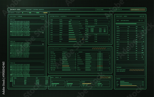 Futuristic Cybersecurity Dashboard with System Monitor HUD, UI. Green security interface, Military database with ui, showing logs, node status, telemetry, metrics, queues. Vector Sci-fi HUD dashboard