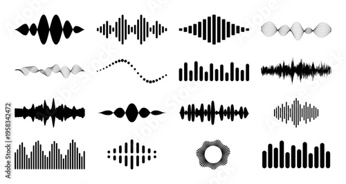 Audio Waveform Icon Set with Equalizer and Sound Waves. Collection of black audio waveform icons with equalizer bars, sound waves, pulse lines, and abstract signal shapes. Vector Equalizer waves
