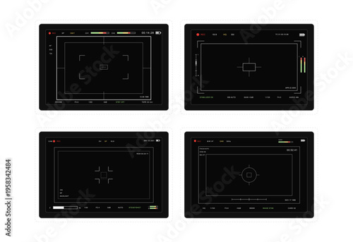 Retro Camcorder Viewfinder Overlay Set for Video Recording. Retro camcorder viewfinder overlays with recording indicators, audio meters, focus marks, and screen frames, ideal for video HUD. Vector set