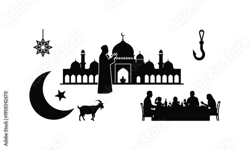 Muslim family dinner and mosque silhouette for eid adha celebration vector illustration art