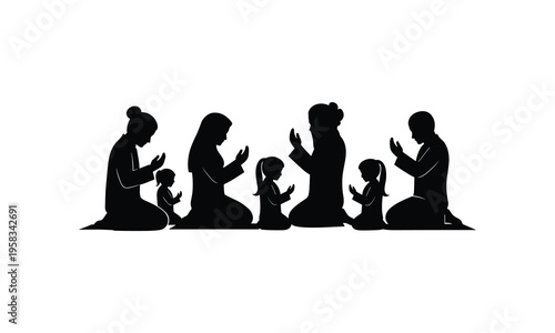 Muslim family praying vector silhouette illustration religious worship line art