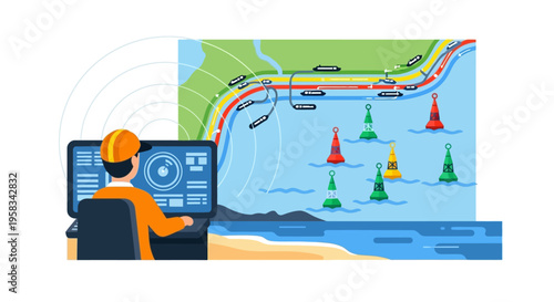 Maritime Navigation System Operator Monitoring Waterway Traffic.