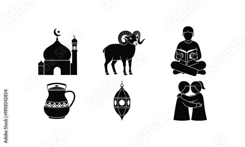 Sacrificial ram and mosque vector illustration for islamic holiday greeting card silhouette