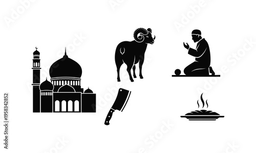 Traditional islamic worship icons vector silhouette with ram and mosque illustration design