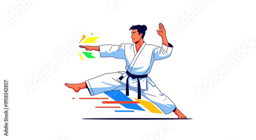 Martial Arts Athlete Performing Karate Kick in White Gi.