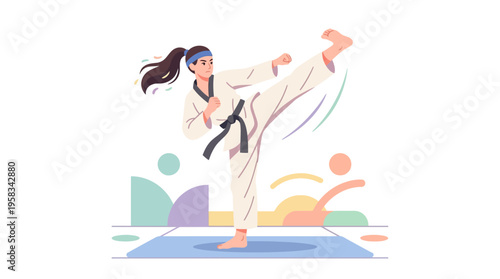 Martial Arts Woman Performing High Kick in Uniform.
