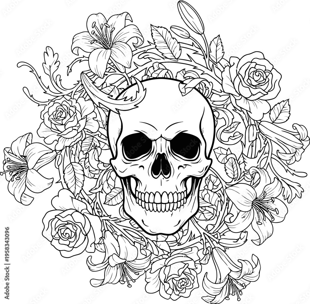 Fototapeta premium Floral Skull Arrangement Black and White Line ArtMemento Mori