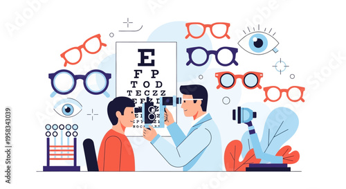 Optometrist examining patients eyes with eye chart.