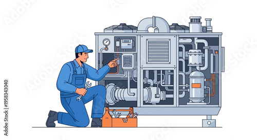 Mechanic Inspecting Industrial Machinery with Tools.