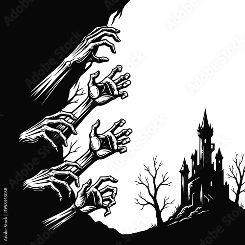 Eerie Gothic Castle with Reaching Skeletal Hands Emerging from Darkness