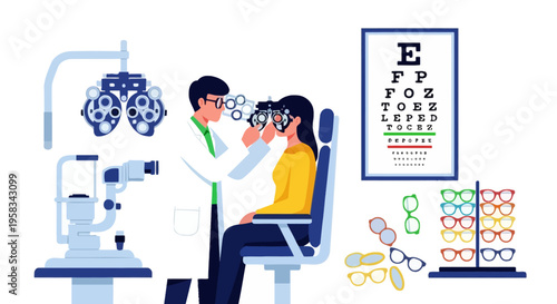 Optometrist examining patients eyes with eye chart.