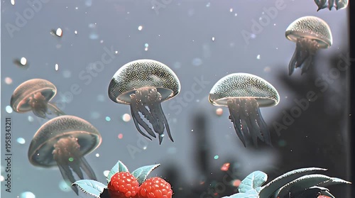 A surreal underwater scene with translucent creatures and vibrant red objects