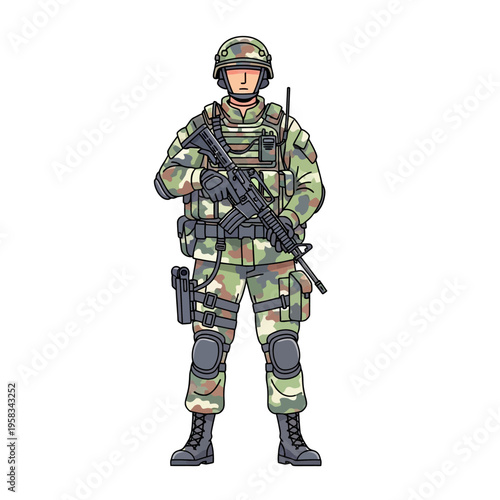 Modern Soldier in Camouflage Uniform Holding Rifle.