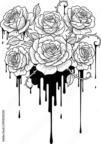 Gothic Black And White Roses With Dripping Thorns And Petals Sketch