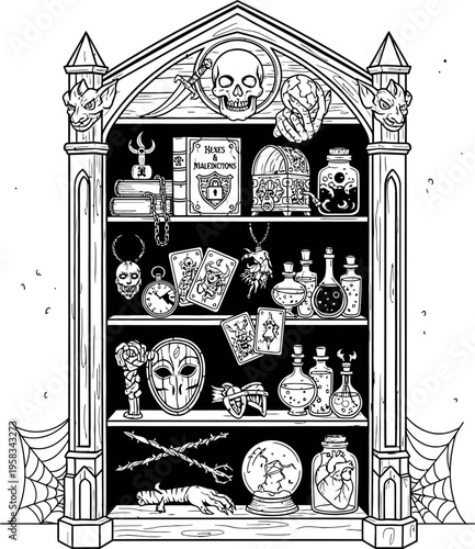 Gothic Bookcase With Cursed Objects And Skulls Dark Victorian Library Decor