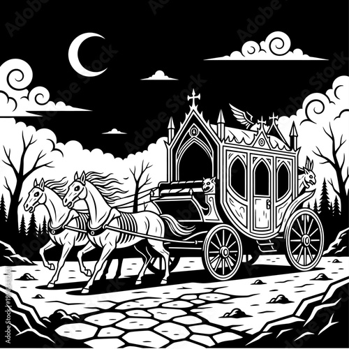 Gothic Carriage Pulled By Ghost Horses Under A Crescent Moon And Clouds