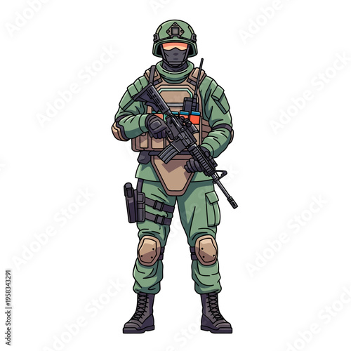 Modern Soldier in Full Combat Gear Holding Rifle.