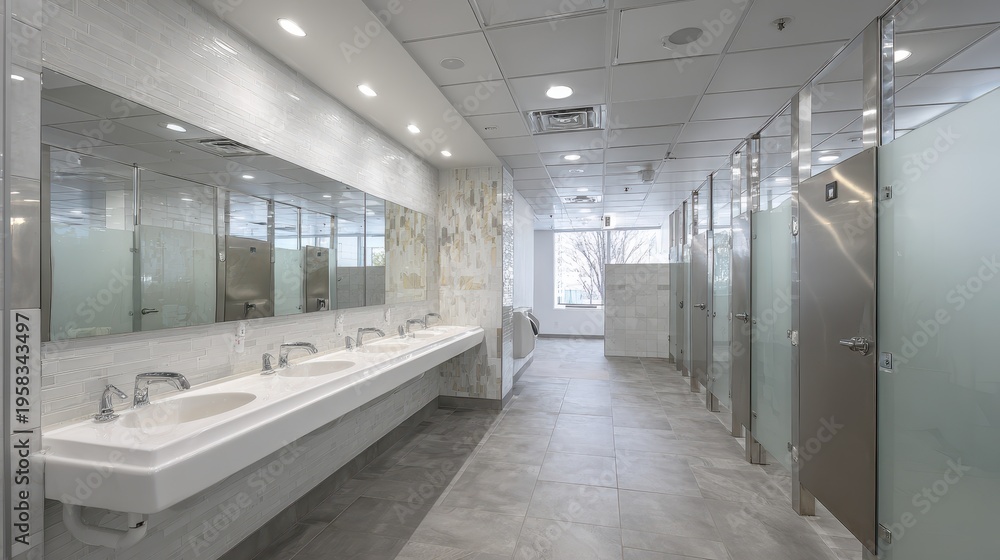 Obraz premium Modern public bathroom in a corporate building with glass stalls and reflective mirrors, calm professional ambiance