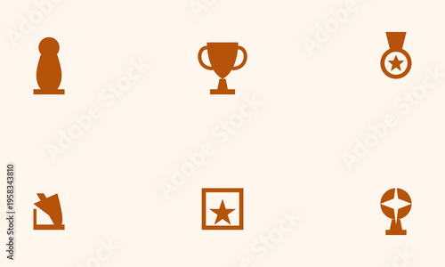 Set of 6 brown award icons vector, trophy, star, medal