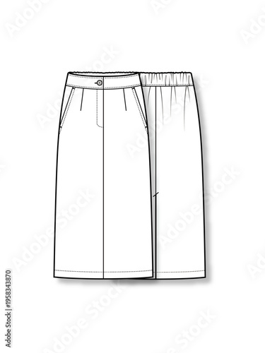 Women's high-waisted H-line midi skirt with elastic back waistband technical fashion flat sketch vector template illustration front and back view apparel CAD mockup
