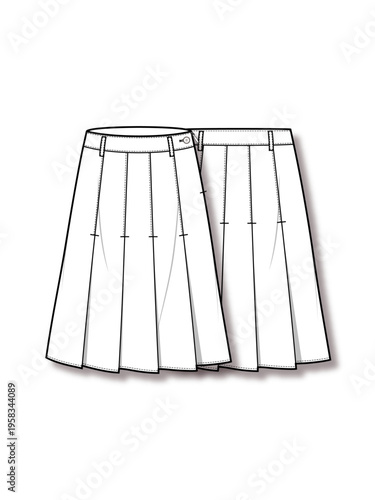 Womens pleated midi skirt technical flat fashion sketch vector template illustration classic A line skirt front and back view uniform style apparel CAD drawing design mockup
