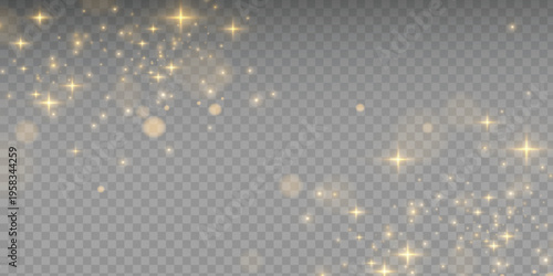 Glowing light effect, sparkling gold dust, abstract on transparent gold background, vector of bright shimmering stars, Christmas background png.