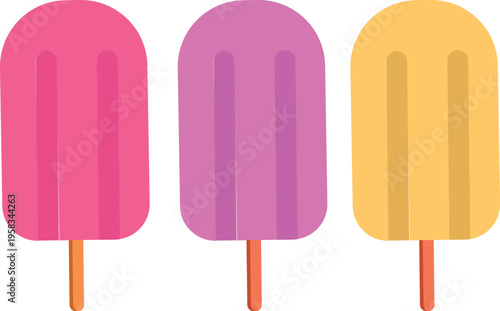 Three Colorful Fruit Popsicles and Kulfi Bars in Yellow, Purple, and Pink, Summer Ice Cream Vector Illustration for Cold Treats and Snacks