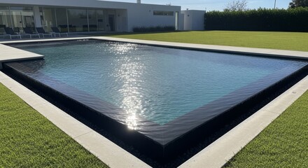 Modern rectangular swimming pool with black border and white concrete surround, green lawn.
