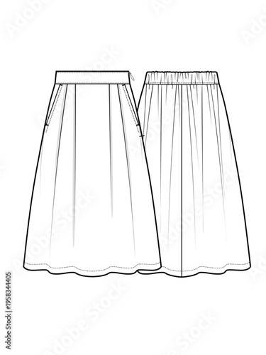 Women's two tuck flared midi skirt with elastic back waistband technical fashion flat sketch vector template illustration front and back view apparel CAD mockup

