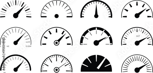 Speedometer icons abstract scale designs measuring speed performance racing dashboard gauge vector illustration design
