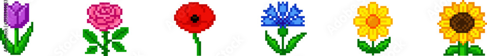Fototapeta premium Collection of various colorful pixel art flower icons vector